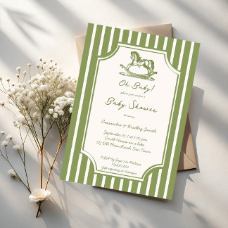 Oh baby green rocking horse vintage baby shower invitation