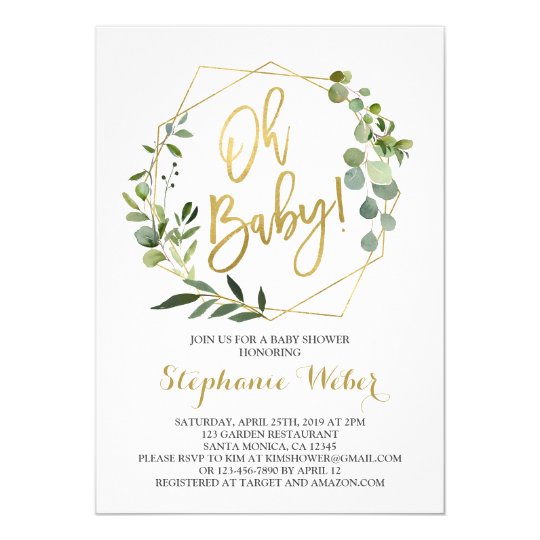 Oh Baby greenery and gold baby shower Invitation