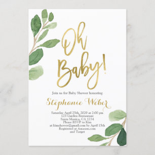 Oh Baby greenery and gold baby shower Invitation