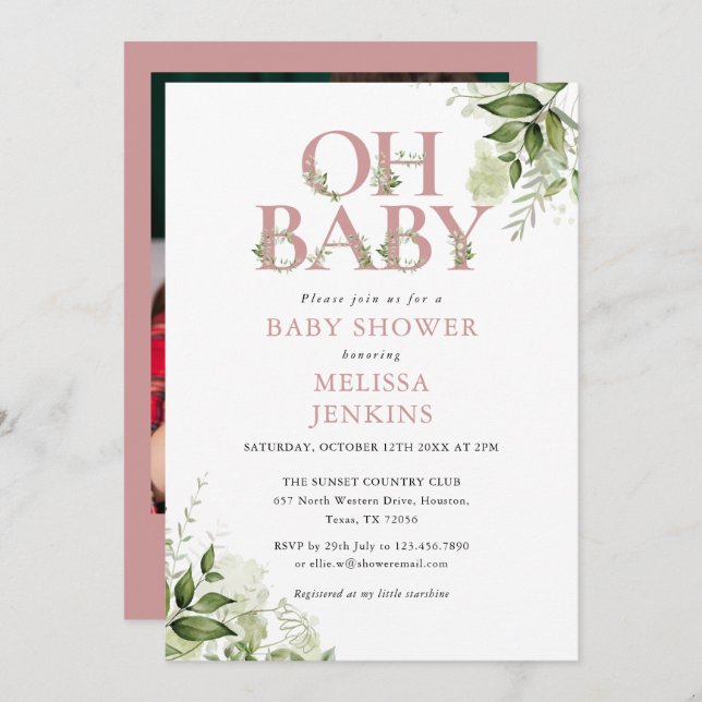 Oh Baby Greenery Dusty Rose Photo Baby Shower Invitation (Front/Back)
