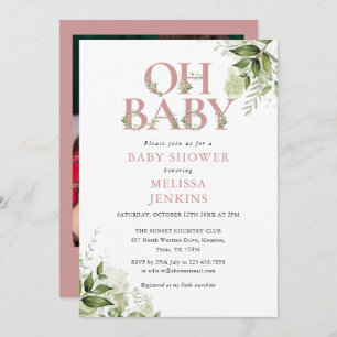 Oh Baby Greenery Dusty Rose Photo Baby Shower Invitation