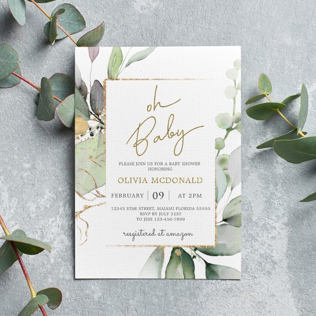 Oh Baby Greenery Gold Frame Eucalyptus Invitation (Creator Uploaded)