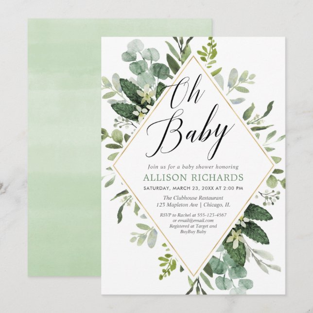 Oh baby Greenery gold gender neutral baby shower Invitation (Front/Back)