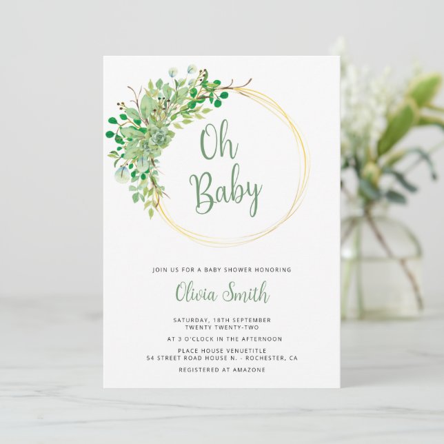 Oh baby greenery gold gender neutral baby shower invitation (Standing Front)