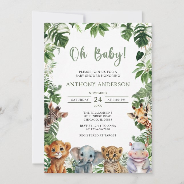 Oh Baby Greenery Jungle Safari Animals Baby Shower Invitation (Front)
