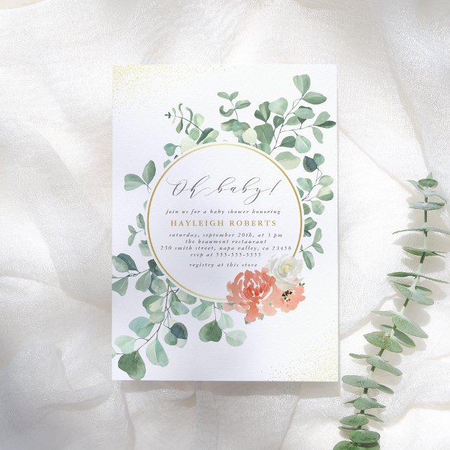 Oh Baby Greenery Pink Floral Girl Baby Shower Invitation (Creator Uploaded)