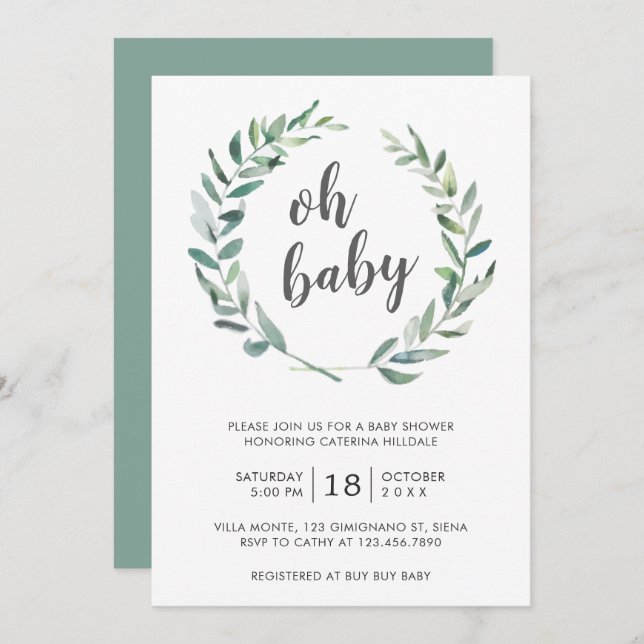Oh Baby Greenery Wreath Gender Neutral Baby Shower Invitation (Front/Back)