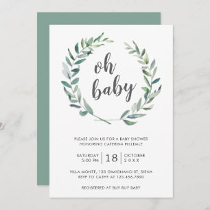 Oh Baby Greenery Wreath Gender Neutral Baby Shower Invitation