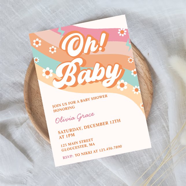 Oh! Baby Groovy Retro Daisy Baby Shower Party Invitation (Creator Uploaded)