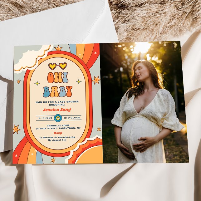 Oh Baby Groovy Retro Rainbow Baby Shower Photo  Invitation (Creator Uploaded)