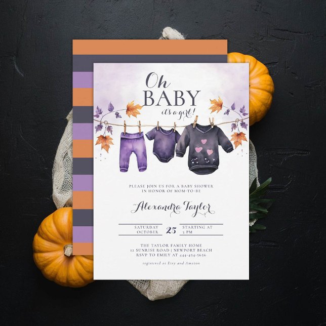 Oh Baby Halloween Fall October Clothes Girl Shower Invitation (october baby shower ideas clothesline invitation halloween novermber fall leaves purple black)