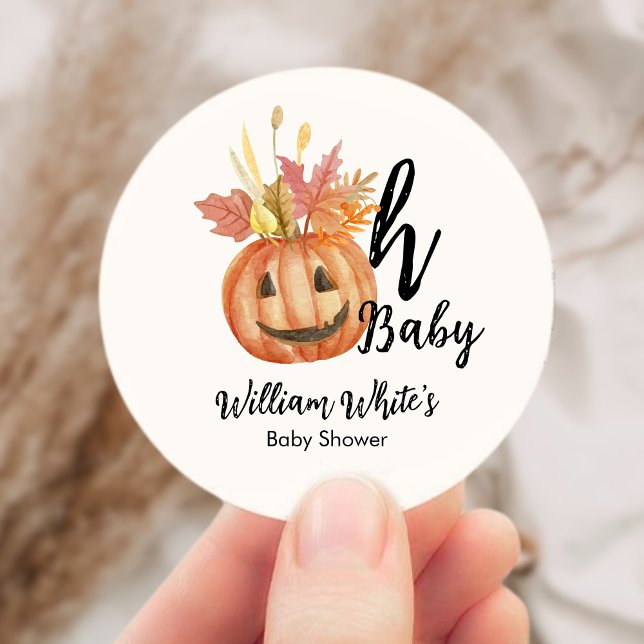 Oh Baby! Halloween Fall Pumpkin Leaf Baby Shower Classic Round Sticker (Oh Baby! Halloween Fall Pumpkin Leave Baby Shower Classic Round Sticker)