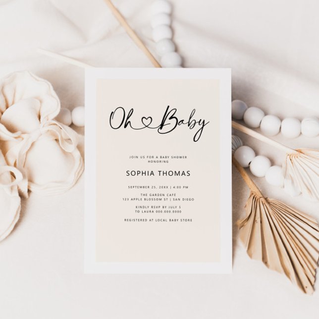 Oh Baby Heart Font Minimal Soft Beige Baby Shower Invitation (Creator Uploaded)