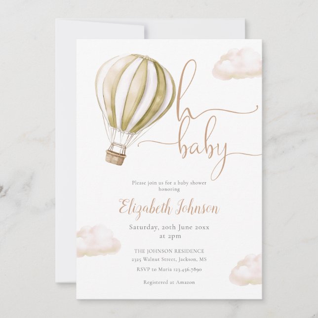 Oh Baby Hot Air Balloon Neutral Baby Shower Invitation (Front)