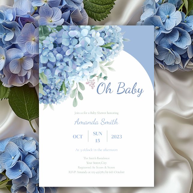 Oh Baby Hydrangea Dusty Blue Baby Shower Invitation (Creator Uploaded)