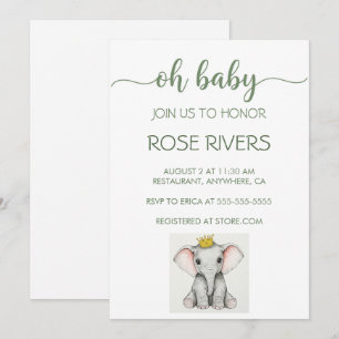 OH BABY INVITATION WITH BABY ELEPHANT WITH A CROWN