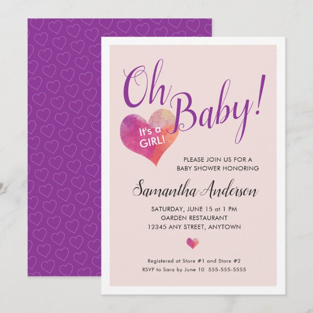 Oh Baby! It's A Girl Pink Heart Baby Shower Invitation (Front/Back)