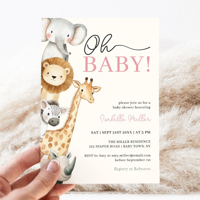 Oh Baby Jungle Safari Pink Girl Baby Shower Invitation (Creator Uploaded)
