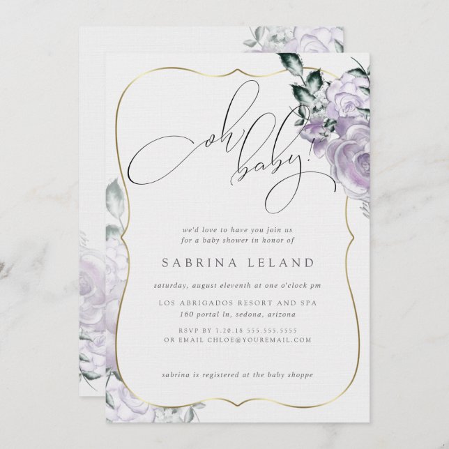 Oh Baby Lavender Floral Rose Chic Baby Shower Invitation (Front/Back)