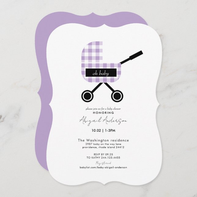 Oh Baby Lavender Gingham Pram Baby Shower Bracket Invitation (Front/Back)