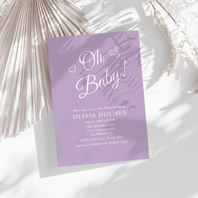 "Oh Baby" Lavender Modern Minimalist Baby Shower Invitation ("Oh Baby" Lavender Modern Minimalist Baby Shower Invitation on a sunny boho white table.)