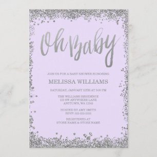 Oh Baby Lilac Purple Silver Glitter Baby Shower Invitation