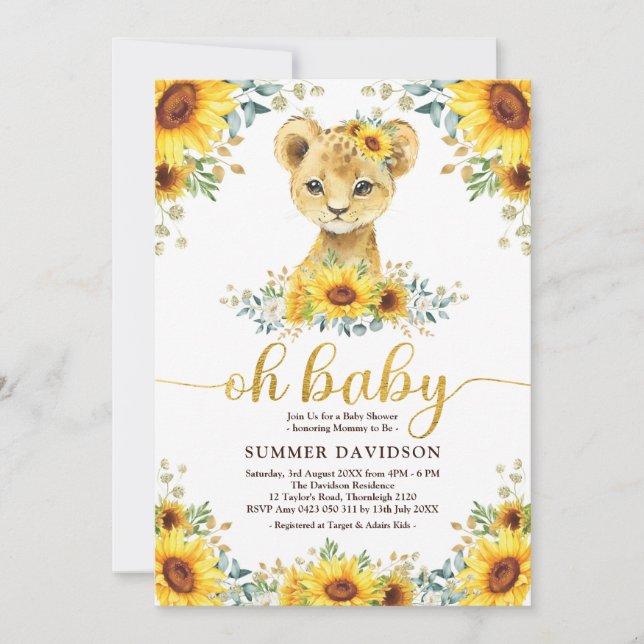 Oh Baby Lion Cub Sunflower Greenery Baby Shower Invitation (Front)