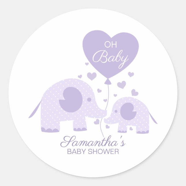Oh Baby Lovely Purple Elephant Baby Shower Favour Classic Round Sticker (Front)