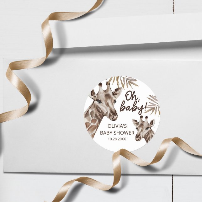 Oh Baby Mama and Baby Giraffe Neutral Baby Shower Classic Round Sticker (Creator Uploaded)