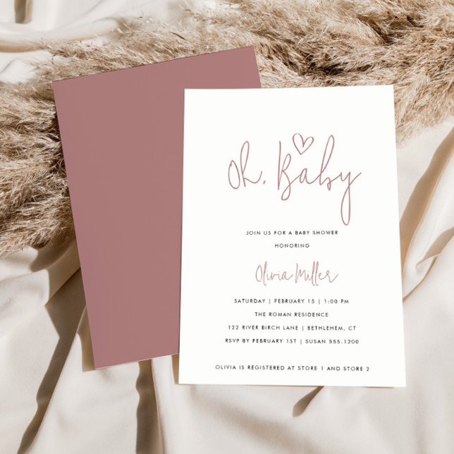 Oh Baby Minimalist Dusty Rose-White Baby Shower Invitation (Creator Uploaded)