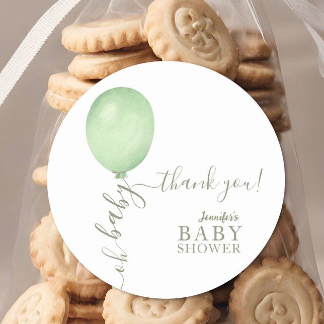 Oh Baby Minimalist Sage Green Balloon Baby Shower  Classic Round Sticker (Creator Uploaded)