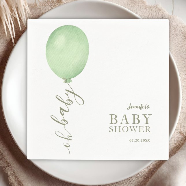 Oh Baby Minimalist Sage Green Balloon Baby Shower Napkin (Creator Uploaded)