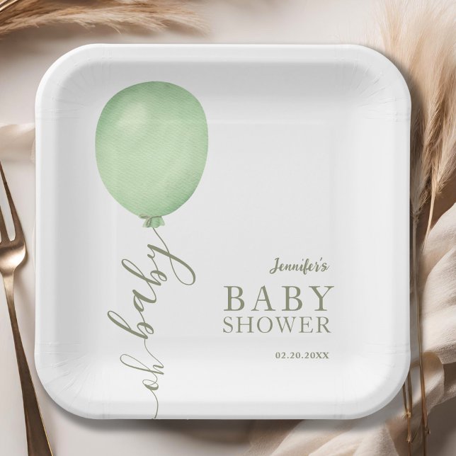 Oh Baby Minimalist Sage Green Balloon Baby Shower Paper Plate (Creator Uploaded)