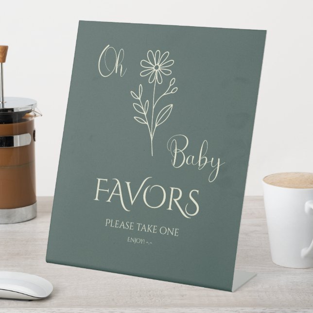 Oh Baby Minimalist Wildflower Baby Shower Favors Pedestal Sign (In SItu)