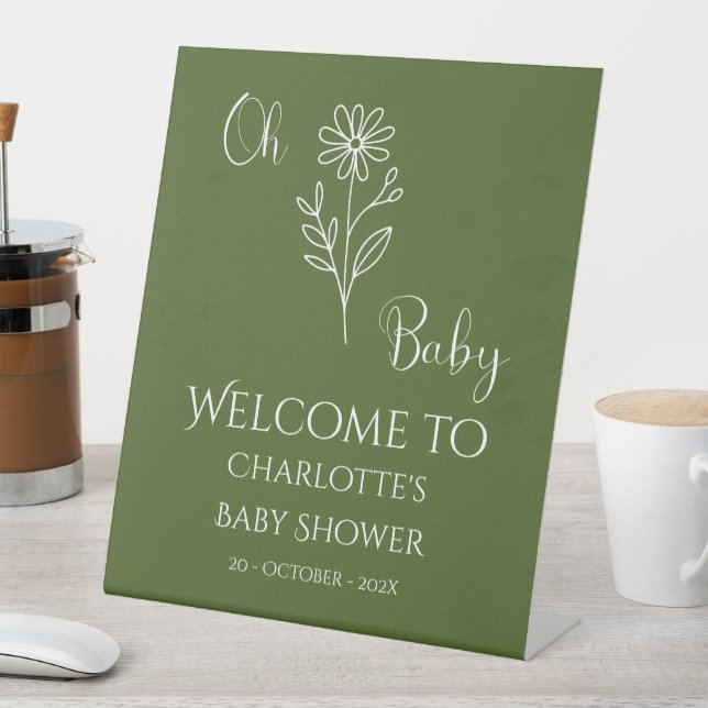 Oh Baby Minimalist Wildflower Baby Shower Welcome Pedestal Sign (In SItu)