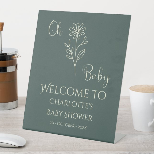 Oh Baby Minimalist Wildflower Baby Shower Welcome Pedestal Sign (In SItu)