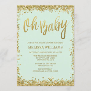 Oh Baby Mint Gold Glitter Baby Shower Invitation