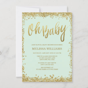 Oh Baby Mint Gold Glitter Baby Shower Invitation