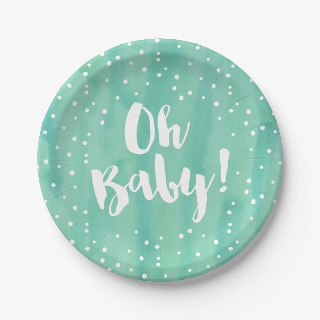 Oh Baby Mint Watercolor Baby Shower Paper Plate (Front)