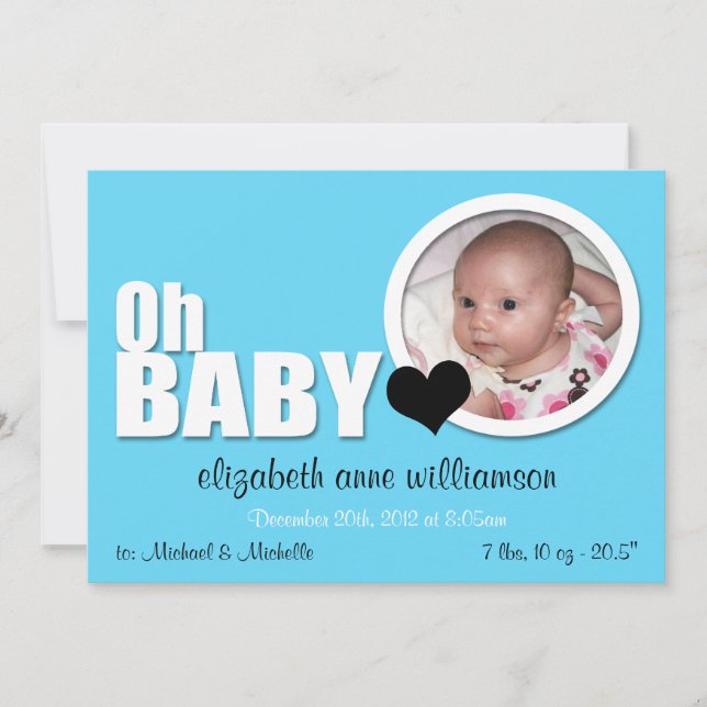 Oh Baby, Modern Aqua Blue Photo Birth Announcement (Front)
