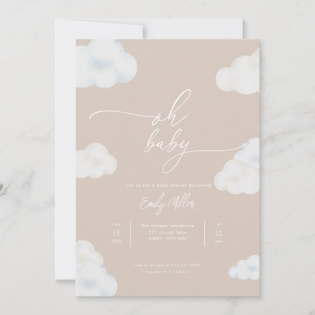 Oh Baby Modern Beige Cloud Baby Shower Invitation (Front)