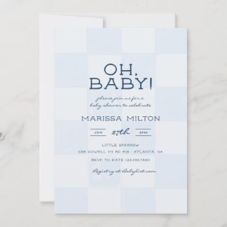 Oh Baby Modern Blue Chequered Baby Shower Invitation