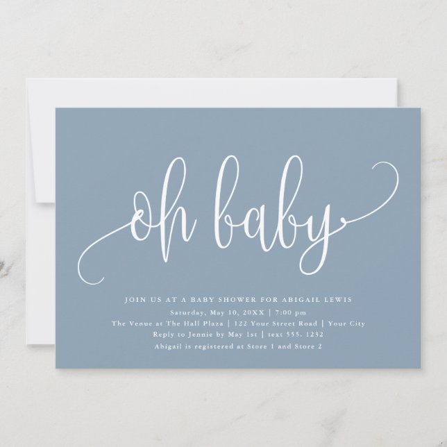 Oh Baby Modern Calligraphy Dusty Blue Baby Shower Invitation (Front)