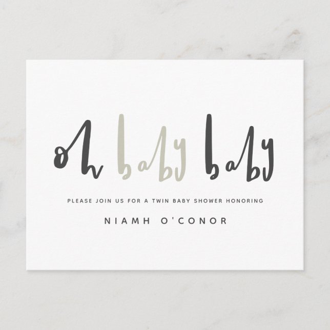 Oh baby modern contemporary twin baby shower holiday postcard (Front)