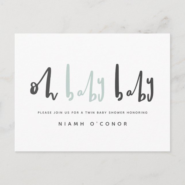 Oh baby modern contemporary twin baby shower holiday postcard (Front)
