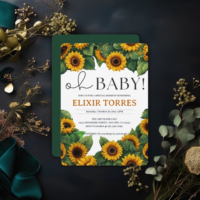 "Oh Baby" Modern Elegant Sunflower Baby Shower Invitation (Creator Uploaded)
