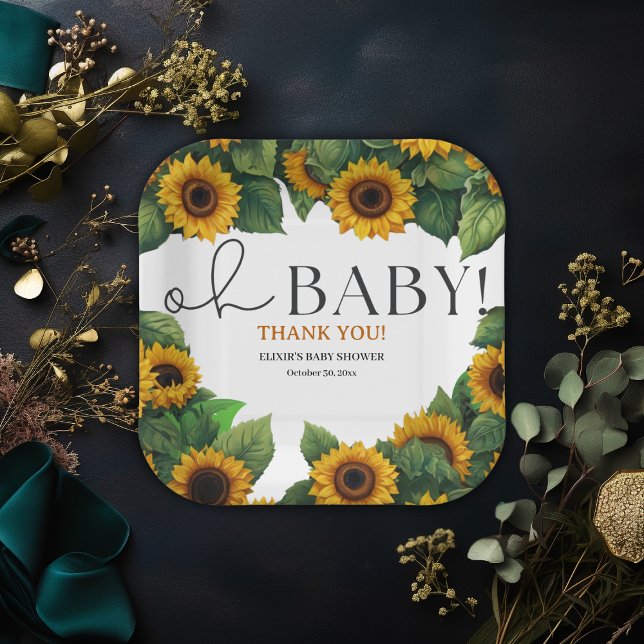 "Oh Baby" Modern Elegant Sunflower Baby Shower Paper Plate (Creator Uploaded)