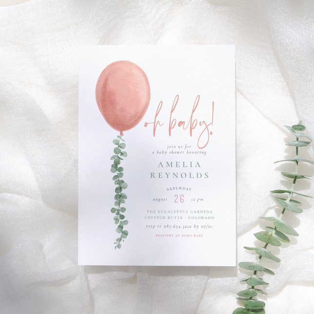 Oh Baby Modern Eucalyptus Balloon Baby Girl Shower Invitation (Creator Uploaded)