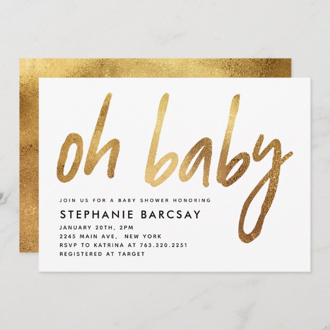 Oh Baby Modern Glam Gold Glitter Baby Shower Invitation (Front/Back)
