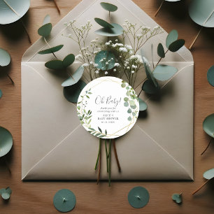 Oh Baby Modern Greenery Leaves Baby Shower Classic Round Sticker